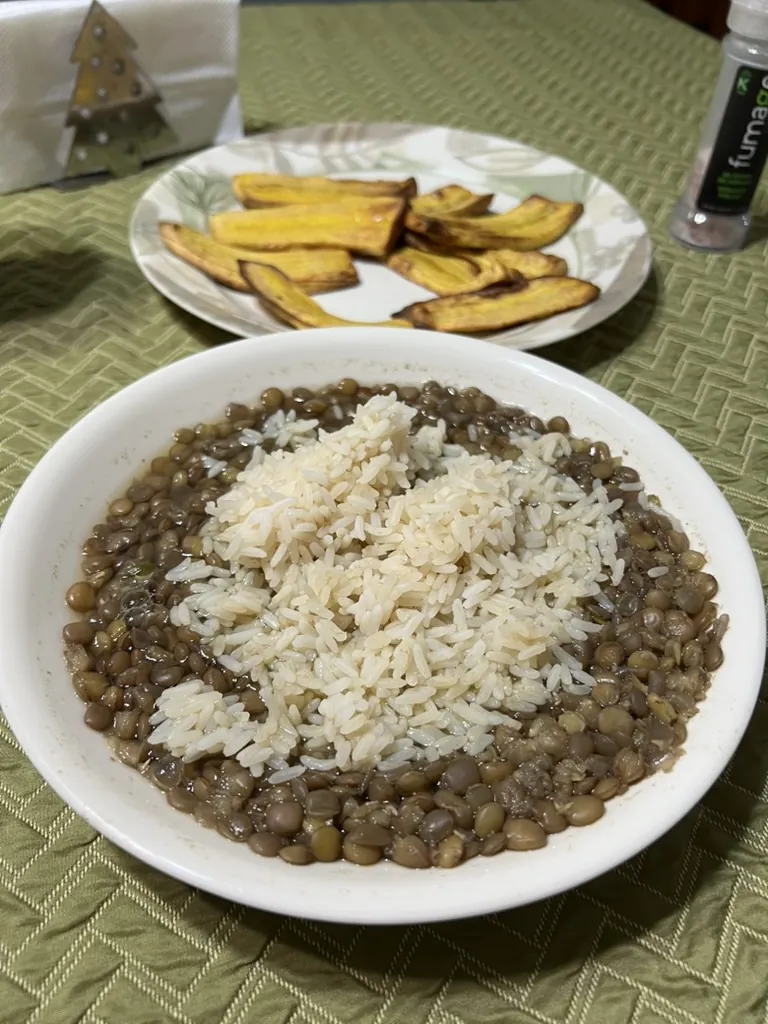 Lentils with rice and plantains, cooked by Ely